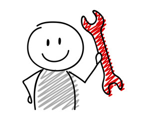 Stickman with smiley facial expression holiding wrench (success concept) icon. Vector.