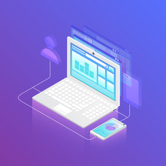 Isometric smartphone connecting to laptop. Personal computer and gadget with financial graphs. Technology concept. Infographics isometric vector illustration on ultraviolet background