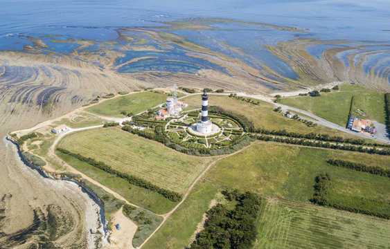 Aerial view of Chassiron lighthouse at low tide