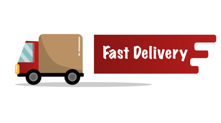Flat delivery service truck for poster, banner, logo, icon of job hunting company or delivery system or transportation shipping organization, commercial car shop, driver training center