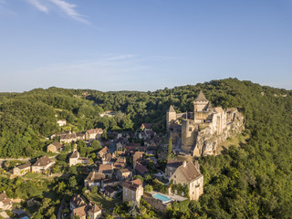 Fototapeta na wymiar Aerial view of Castelnaud castle and Tournepique village