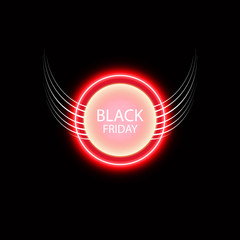 Black friday sale glowing neon sign with wings on the black background. Light vector background for your advertise, discounts and business