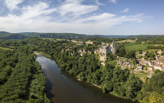 Aerial view of Montfort castle and Dordogne river