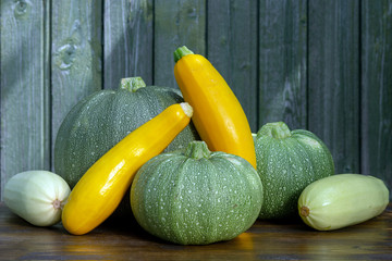 Fresh harvest of three kinds of courgettes