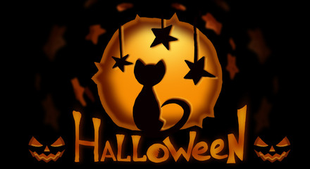 Halloween cat black, sitting and looking at the stars, pumpkins, Happy Halloween, party