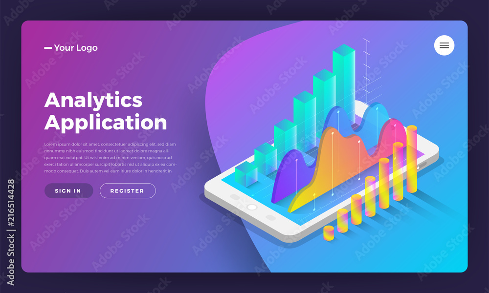 Poster mockup landing page website isometric design concept mobile application analytics tools. vector illu