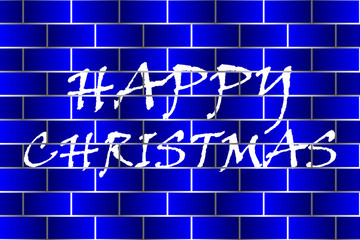 Happy christmas inscription on the brick wall, White graffiti on blue brick wall