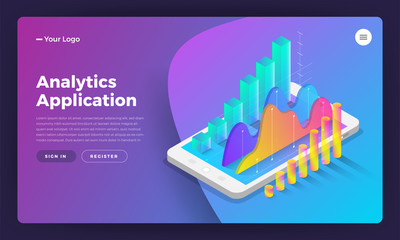 Mockup landing page website isometric design concept mobile application analytics tools. Vector illustrations.