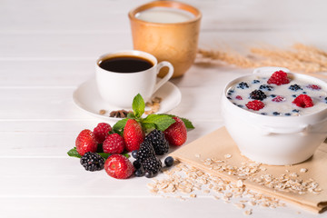 Tasty homemade breakfast with cereal and coffee