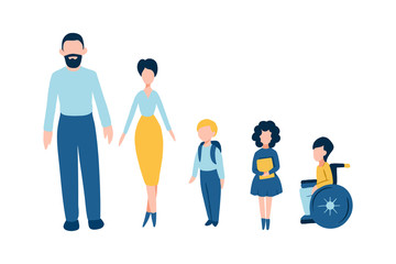 Set of flat people icons - male father man , female mother woman , kids school children , one of them is disabled child on wheelchair for barrier-free environment and tolerance to invalids