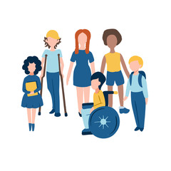 Set of children flat icons including disabled kids on wheelchair and crutches, red headed girl and afro-american boy for barrier-free environment in schools university city and tolerance to invalids
