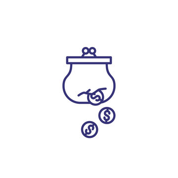 Money loss line icon. Dollar coins falling from purse. Finance management concept. Can be used for topics like business, failure coast