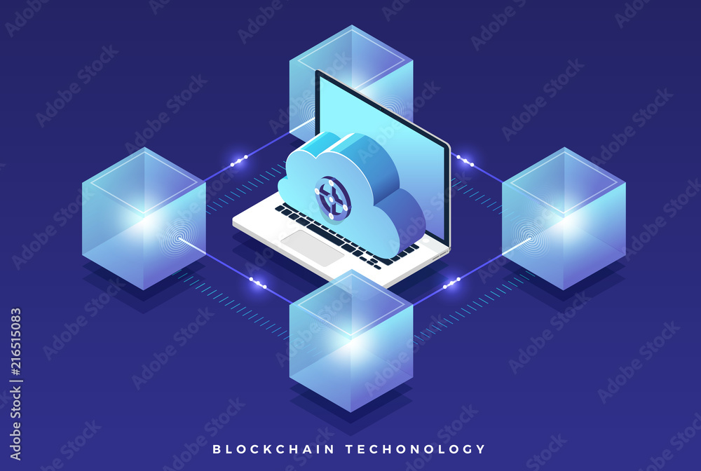 Aufkleber flat design concept blockchain and cryptocurrency technology. composition for layout design website 