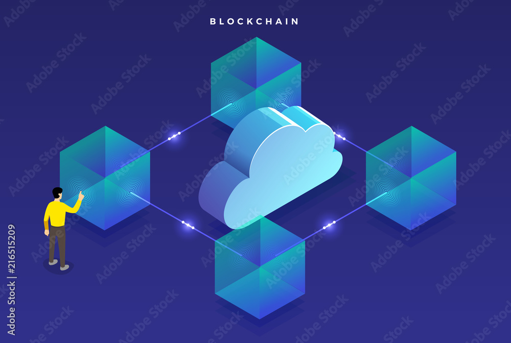 Poster flat design concept blockchain. security digital money. vector illustrations. isometric box and line