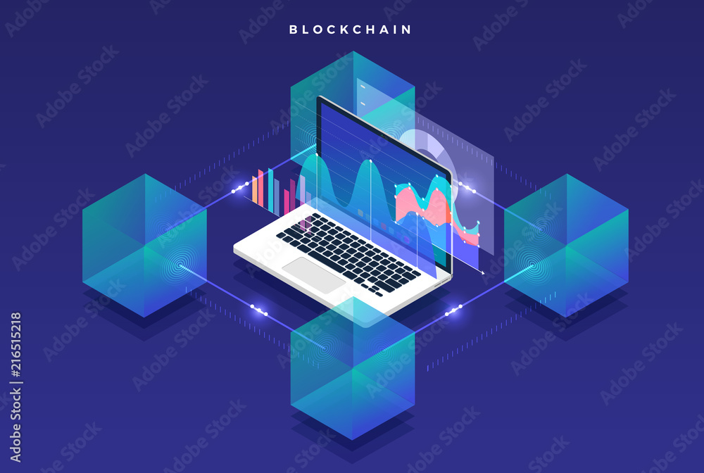 Poster flat design concept blockchain and cryptocurrency technology. composition for layout design website 