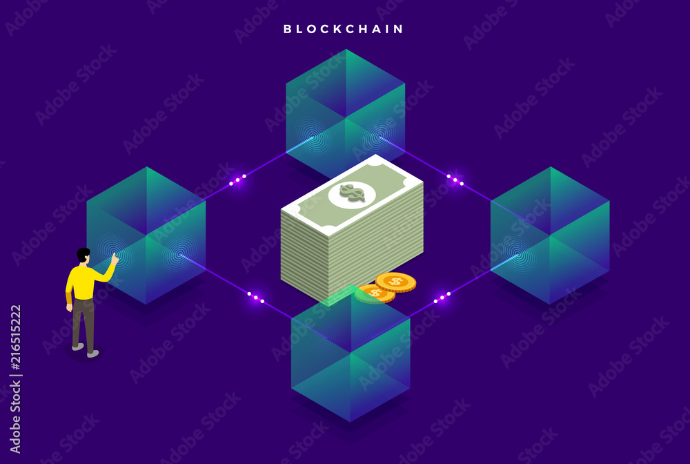 Poster flat design concept blockchain. security digital money. vector illustrations. isometric box and line