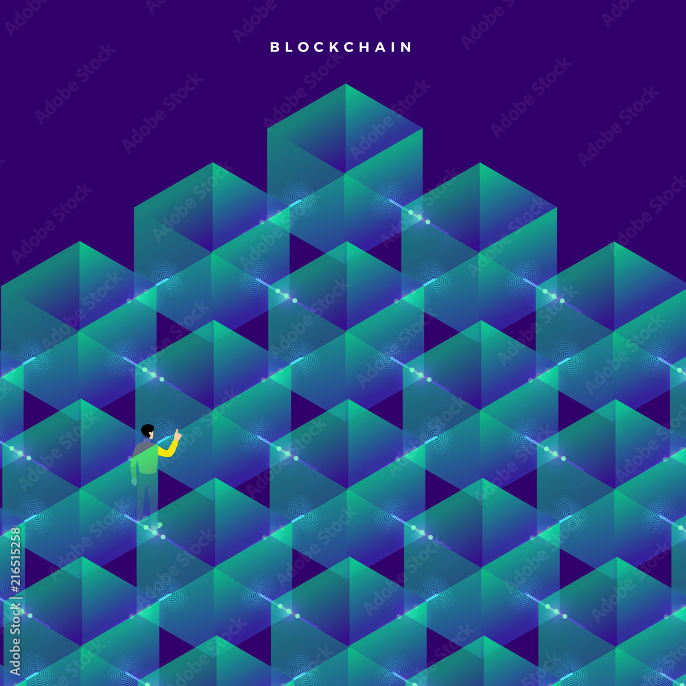 Poster flat design concept blockchain. security digital money. vector illustrations. isometric box and line