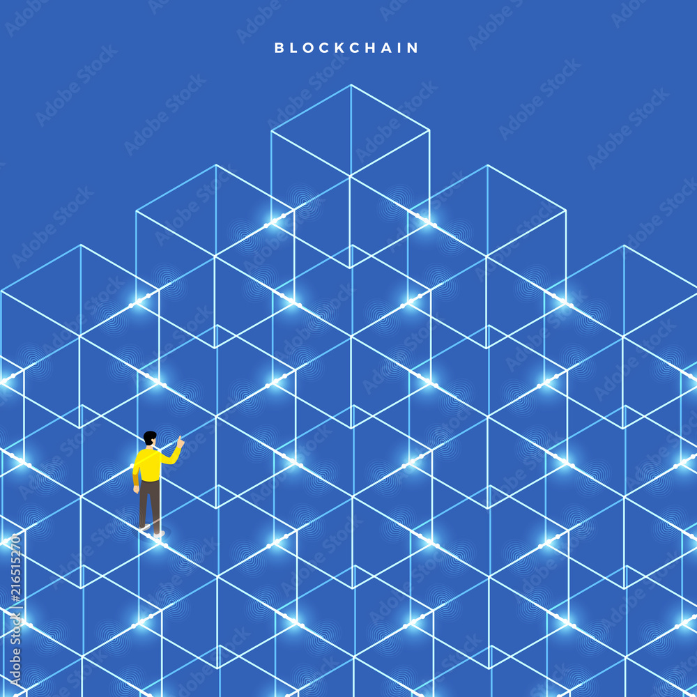 Poster flat design concept blockchain. security digital money. vector illustrations. isometric box and line