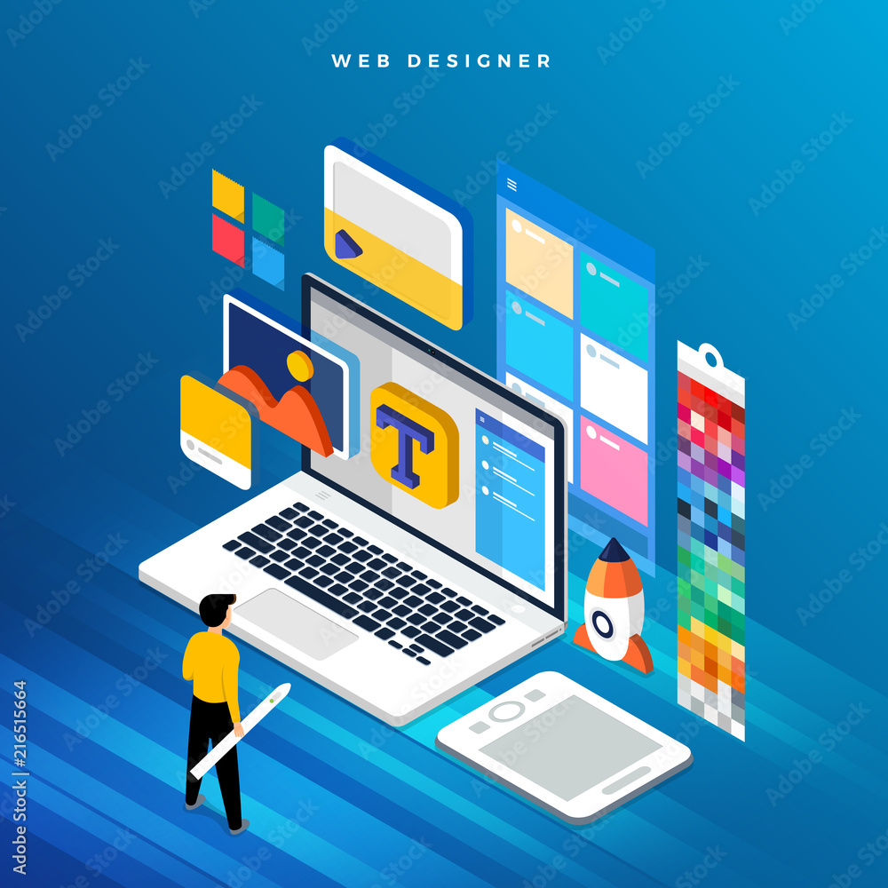 Poster isometric flat design concept web designer. vector illustration. website layout design.