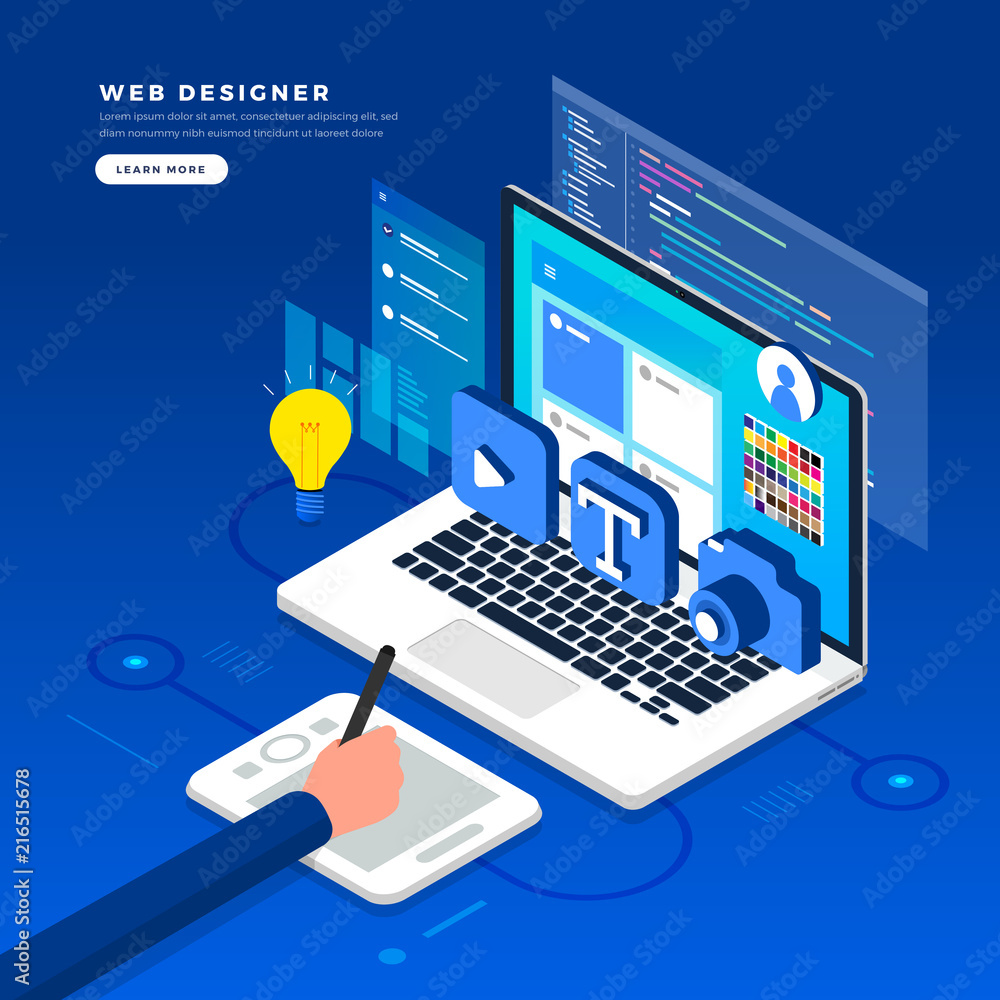Poster isometric flat design concept web designer. vector illustration. website layout design.