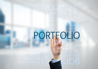 Concept of modern business with palm choocing on of keywords for success