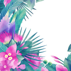 Pastel colored design with exotic leaves and flowers