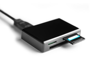 SD memory card in card reader, isolated on white background