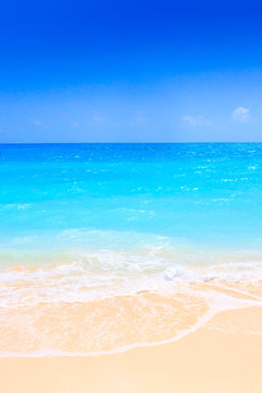 Lonely sandy beach with turquoise ocean and blue sky