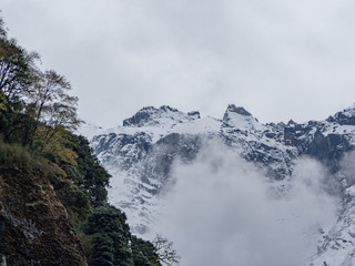 First view on the Snowy Peaks of Annapurna Circuit