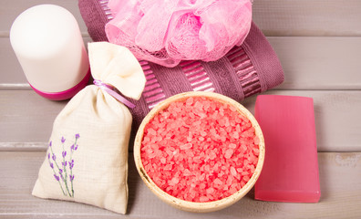 SPA accessories for hygenic and bath in a composition on a gray background.