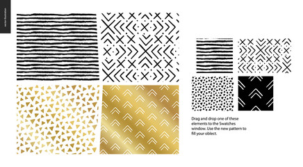 Hand drawn Patterns - a group set of four abstract patterns - black, gold and white. Geometrical lines, dots and shapes - pieces