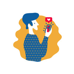 Man gives like on social media mobile app. Vector illustration in flat style about using social networks. Concept of increasing social media engagement. EPS10.