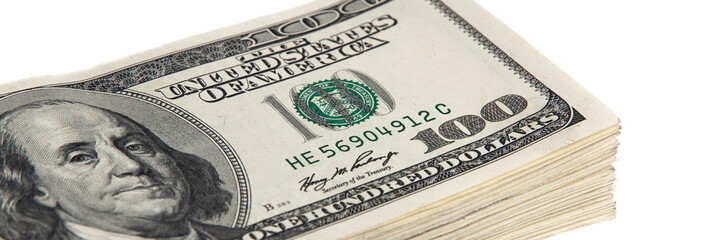 A stack of one hundred dollar bills on a white background.