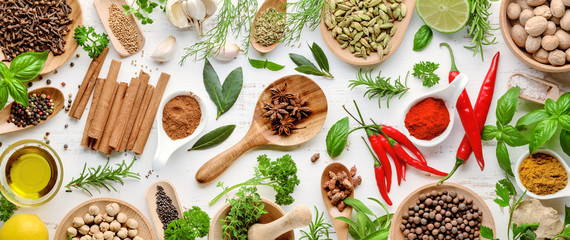 Various herbs and spices flat lay