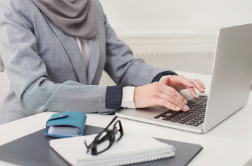Woman hands working on laptop at office