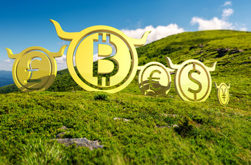 Bullish currency on the top of a hill. green summer mountain ascending trend. stand proud on the...