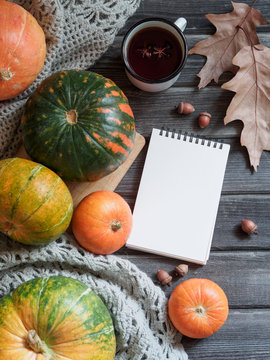 Autumn background for Thanksgiving on a wooden table with pumpkins