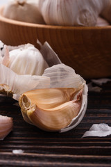 fragrant garlic on a wooden rustic background