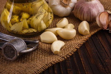 fragrant garlic on a wooden rustic background