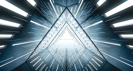 Obraz premium Abstract Triangle Spaceship corridor. Futuristic tunnel with light. Future interior background, business, sci-fi science concept. 3d rendering