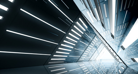 Obraz premium Abstract Triangle Spaceship corridor. Futuristic tunnel with light. Future interior background, business, sci-fi science concept. 3d rendering