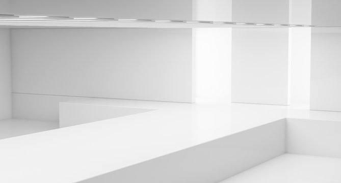 Empty white interior. Fashion podium. Catwalk runway stage. Elegance pedestal platform. 3D Rendering