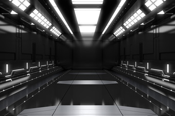 Obraz premium Futuristic tunnel with light. Black Spaceship corridor interior view.Future background, business, sci-fi or science concept. 3D Rendering.