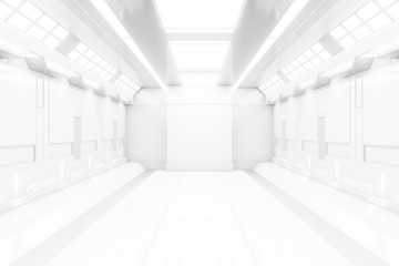 Futuristic tunnel with light. White Spaceship corridor interior view.Future background, business, sci-fi or science concept. 3D Rendering.