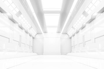 Futuristic tunnel with light. White Spaceship corridor interior view.Future background, business, sci-fi or science concept. 3D Rendering.