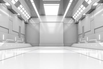 Futuristic tunnel with light. White Spaceship corridor interior view.Future background, business, sci-fi or science concept. 3D Rendering.
