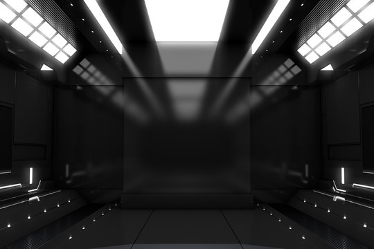 Futuristic tunnel with light. Black Spaceship corridor interior view.Future background, business, sci-fi or science concept. 3D Rendering.