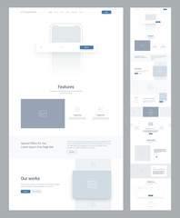 One page website design template for business. Landing page wireframe. Flat modern responsive design. Ux ui website: home, features, works, items, slides, offers, order, testimonials, contacts.