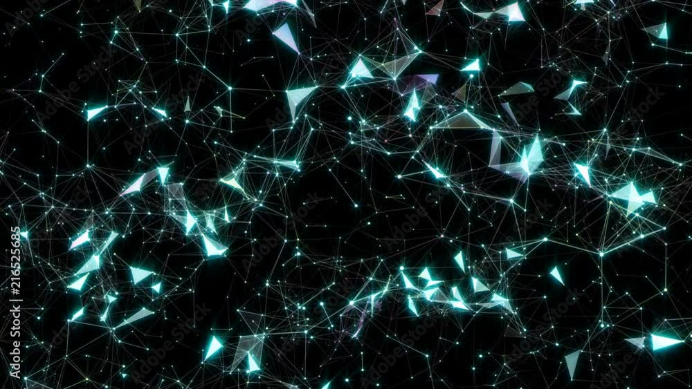 Poster Blue fantasy abstract technology, engineering and science motion background with particles and plexus connected lines in organic motion. Flickering star light. Depth of field settings. 3d rendering