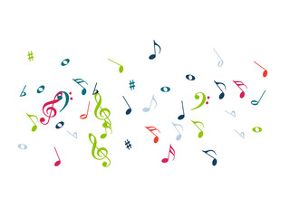 Music Notes Confetti Falling Chaos Vector. Music Symbols Texture Poster Background Elements. Party Night, Festival, Celebration or Concert, Melody Notes Trail. Decorative Song Sheets Chaos Effect.